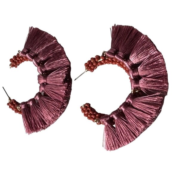 Mauve Pink Fan Fringe Earrings Pierced Macrame Statement - Picture 1 of 5
